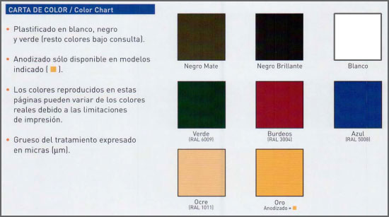 Acabados de productos de aluminio Fejota Carta de colores y acabados Fejota